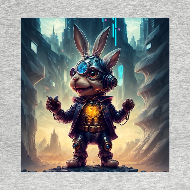 Alien cyborg bunny in sci-fi city landscape by newbeltane